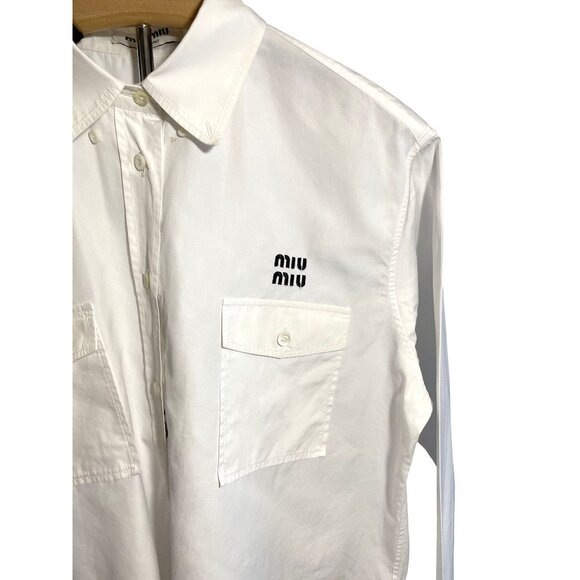 Miu Miu Womens White Button-Up Cropped Shirt With Embroidered Logo & Front Pocke - Picture 3 of 16